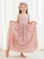 Vestido boho de niña de las flores color marfil, corte en A, de encaje y largo hasta el tobillo 