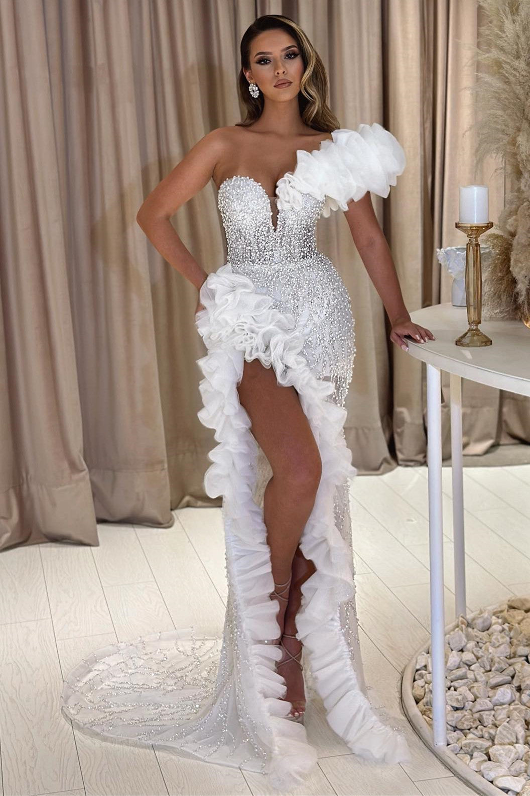 Off-the-Shoulder Mermaid Evening Dress Ruffles High Split With Beads