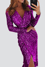 Fashion Elegant Solid Patchwork Sequined V Neck Evening Dress Dresses(5 Colors)