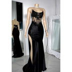 Robe de soirée sexy et tendance, sans manches, avec appliques, fourreau, fente latérale