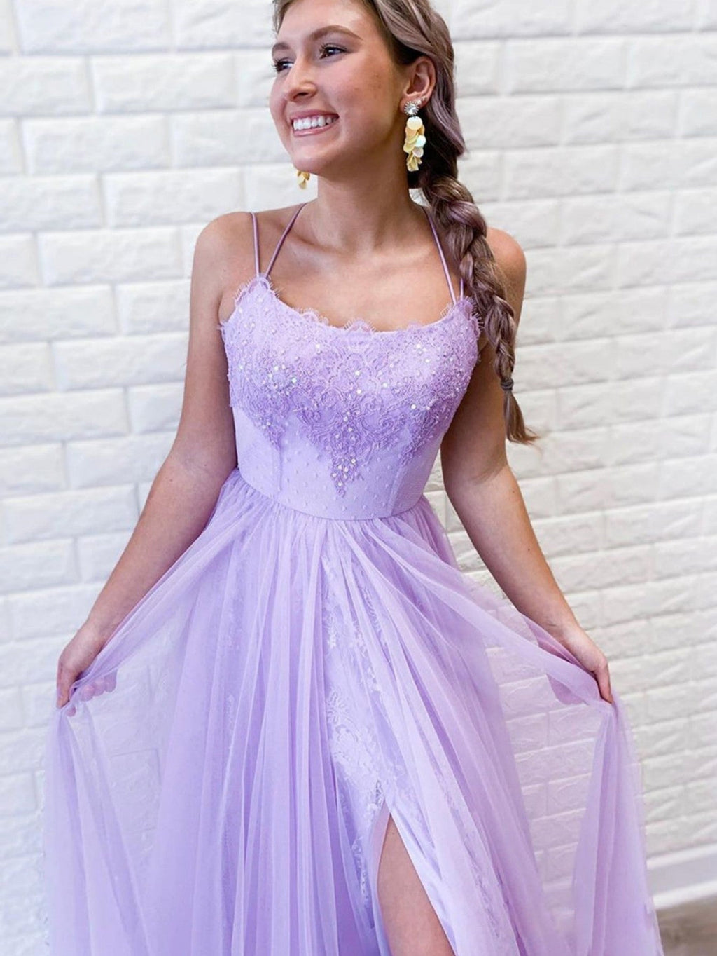 Vestido largo de fiesta de tul morado sin espalda, corte en A