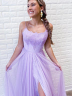 Vestido largo de fiesta de tul morado sin espalda, corte en A