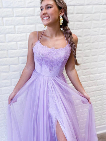 Robe de bal longue en tulle violet dos nu, coupe trapèze