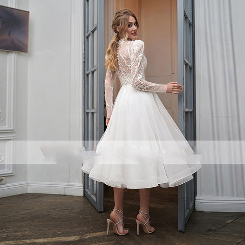 Robe de mariée courte en tulle élégante, col montant, manches longues et application luxueuse, sur mesure, longueur thé, boutonnée, Vestidos 