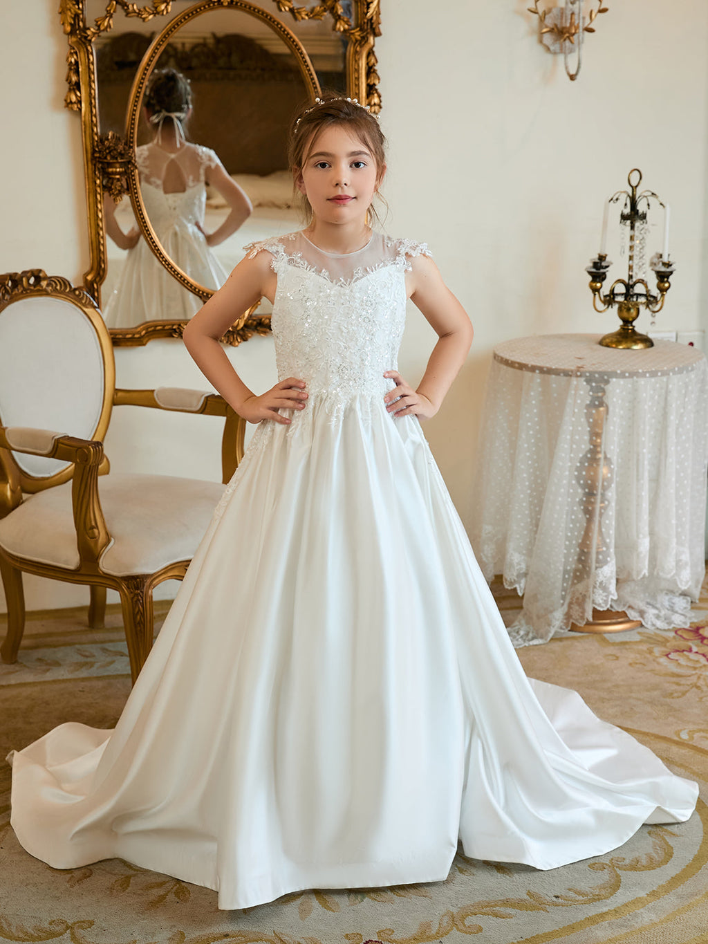 Vestido de princesa de satén con cola para niña de las flores de la primera comunión 