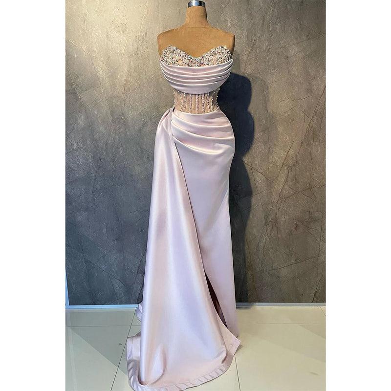 Plunging Strapless Beaded Illusion Long Prom Dress Evening Gowns