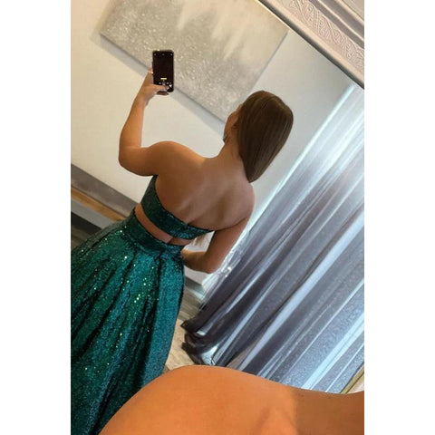 Vestido largo de fiesta de corte A con lentejuelas sin tirantes