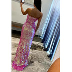 Glamoroso vestido de noche para fiesta de graduación, sin mangas, con hombros descubiertos y abertura lateral con lentejuelas