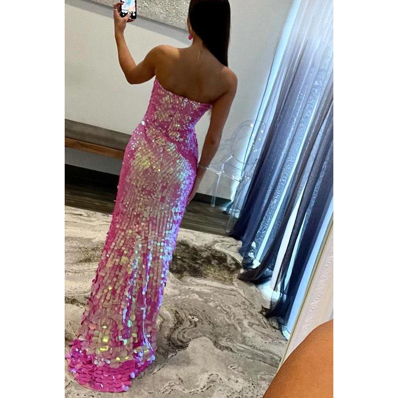Robe de soirée glamour à paillettes, épaules dénudées, sans manches, fente latérale