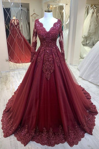 Robe de soirée bordeaux à manches longues en dentelle avec appliques