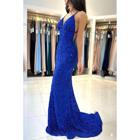 Robe de bal longue sirène bleue à bretelles spaghetti et col en V à paillettes