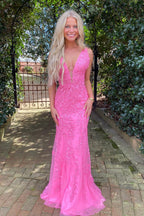 Mermaid Deep V Neck Black Long Prom Dress with Open Back