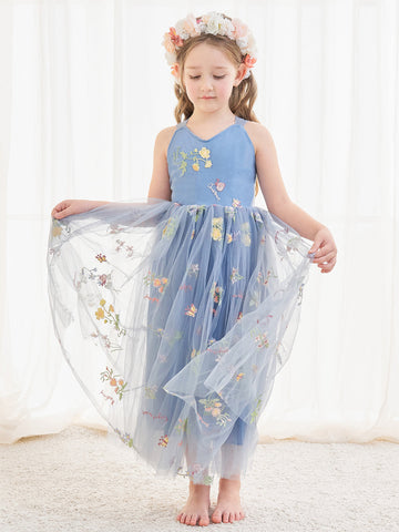 Vestido azul de tul hasta el tobillo, corte en A (2003227598) 