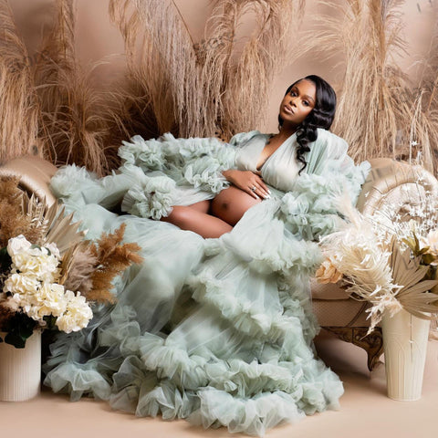 Robe de bal sexy à col en V, volants sur le devant, fente, idéale pour les photos de grossesse, manches taouk, vêtements de maternité à volants