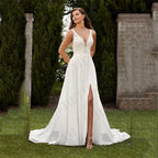 Vestidos de novia vintage corte A boho con encaje, escote en V, abertura, sin mangas, vestidos de novia, espalda descubierta con apliques para mujer 