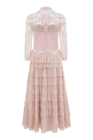 Vestido largo de noche de tul con cintura baja y cuentas de perlas de cristal de lujo 