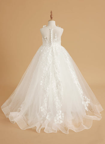 Vestido de princesa rosa para niñas con apliques de encaje 