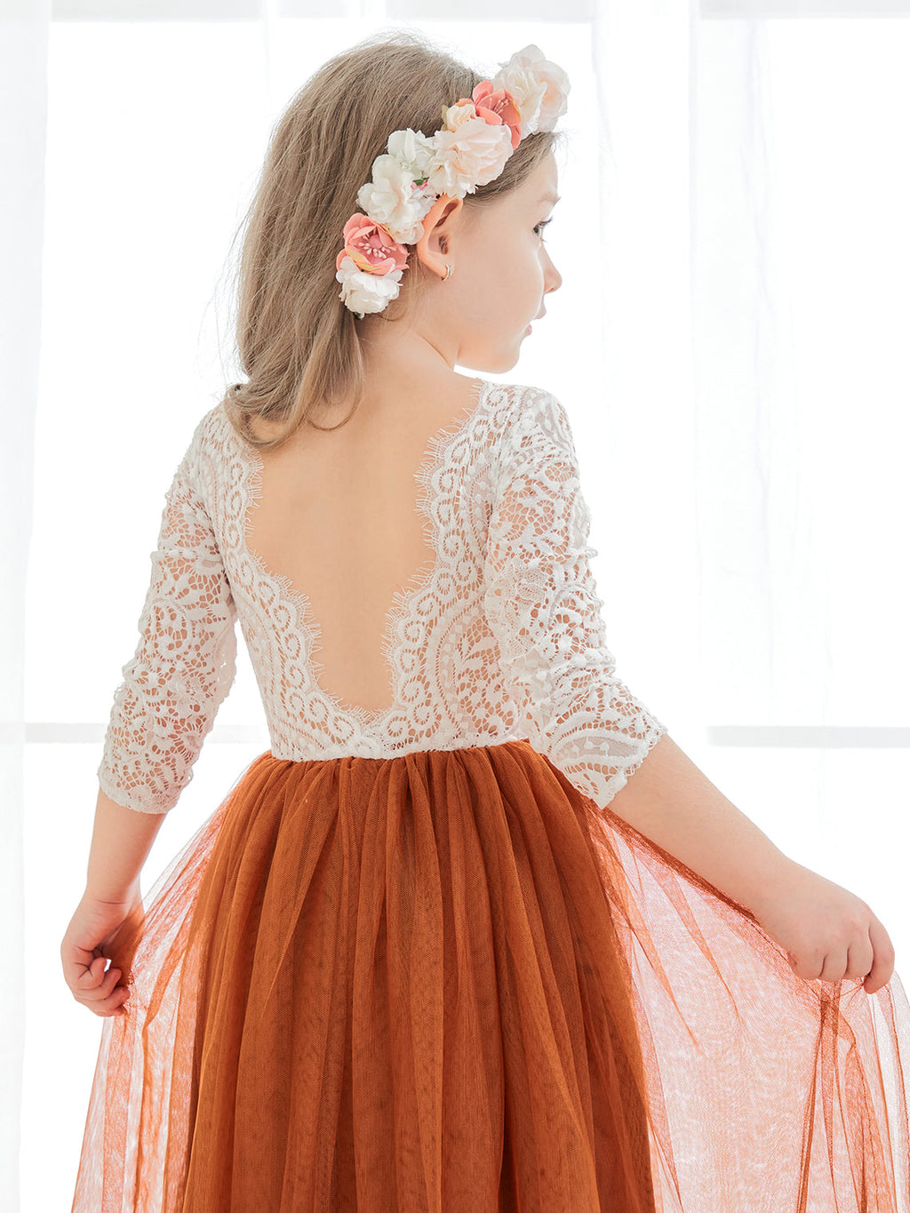 Vestido de niña de las flores de tul, manga larga, corte línea A, encaje blanco angelical 