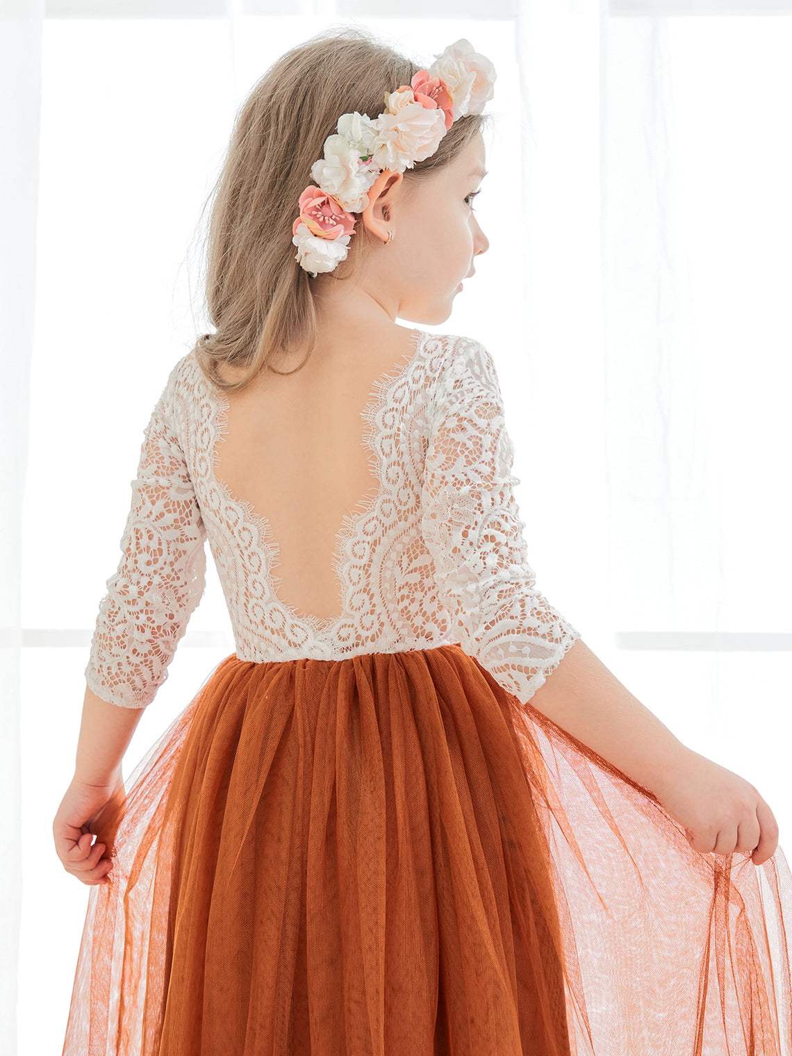 Vestido de niña de las flores de tul, manga larga, corte línea A, encaje blanco angelical 