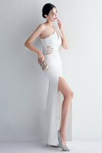One Shoulder Black Long Prom Dress with Split Front