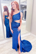 Robe de bal asymétrique à sequins avec fente