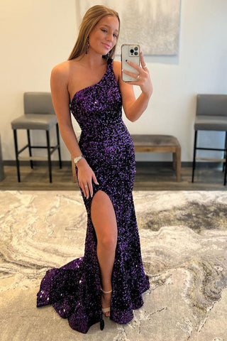 Robe de bal sirène violette à une épaule et sequins