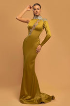 Long Sleeves High Neck Evening Dress Mermaid One Shoulder With Crystal