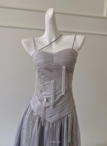 Elegante vestido de fiesta morado con lentejuelas, tul, cuentas y borlas, corte en A, modelo Y8586