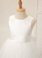 Vestido de princesa/vestido de princesa de satén y tul hasta la rodilla para niña de las flores 