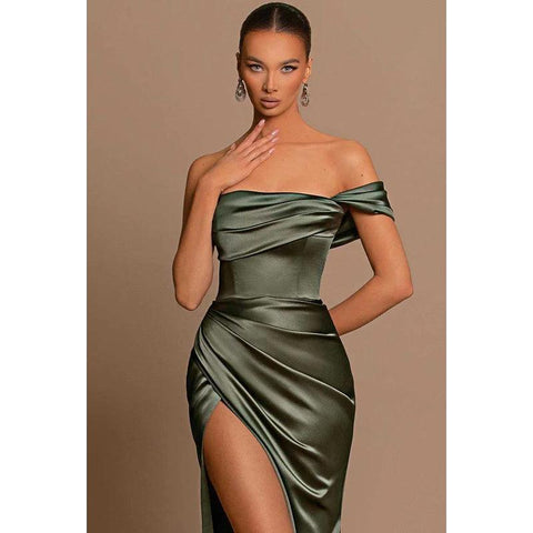 Robe de soirée longue bustier asymétrique froncée avec fente