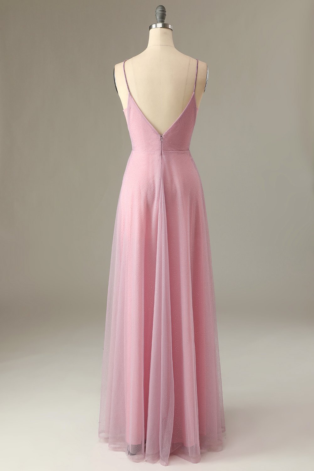 Vestido de dama de honor gris y rosa con tirantes finos y corte en A