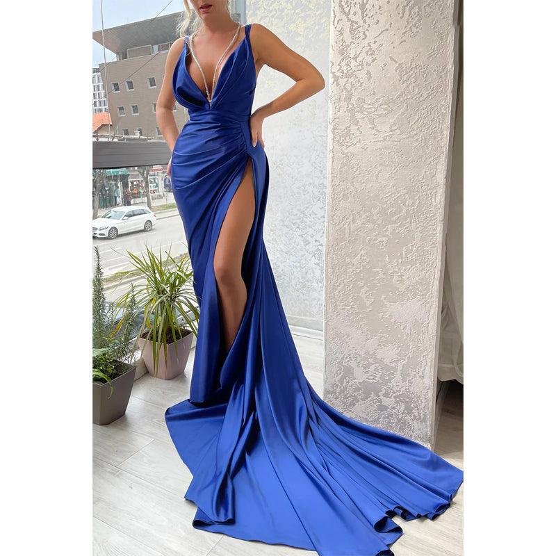 Plunging V-neck Side Slit Long Formal Evening Dress