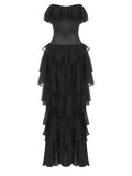Vestido de noche vintage negro sin tirantes con volantes – Vestido de noche transparente con cintura ceñida para gala y pasarela 