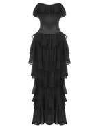 Vestido de noche vintage negro sin tirantes con volantes – Vestido de noche transparente con cintura ceñida para gala y pasarela 