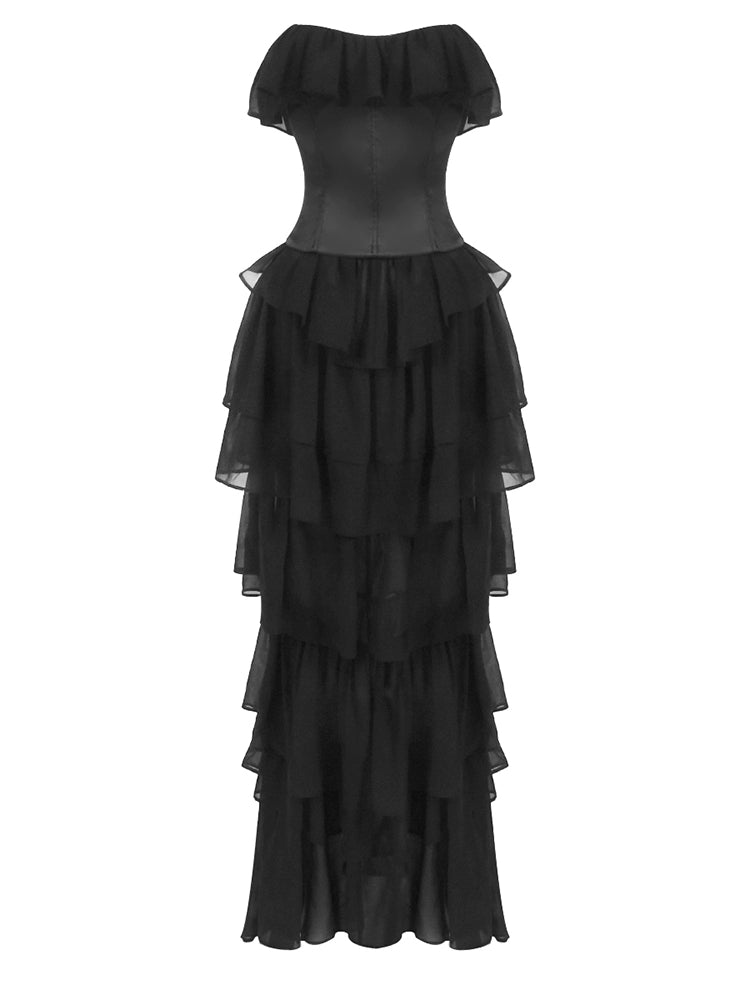 Vestido de noche vintage negro sin tirantes con volantes – Vestido de noche transparente con cintura ceñida para gala y pasarela 