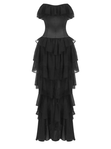 Robe bustier noire vintage à volants – Robe de soirée transparente cintrée à la taille, idéale pour les galas et les défilés 
