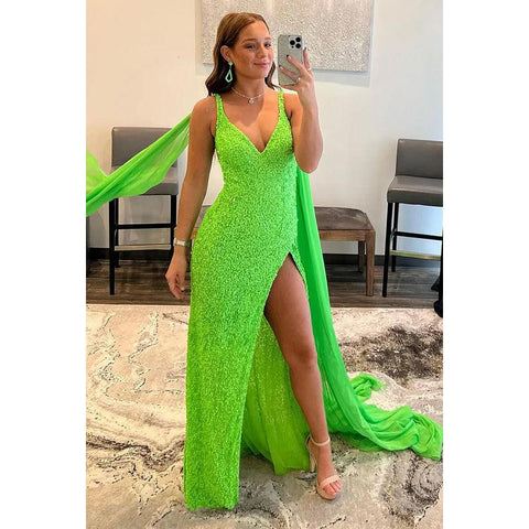 Vestido formal de noche con escote en V, lentejuelas, abertura, sin mangas y corte tubo/columna