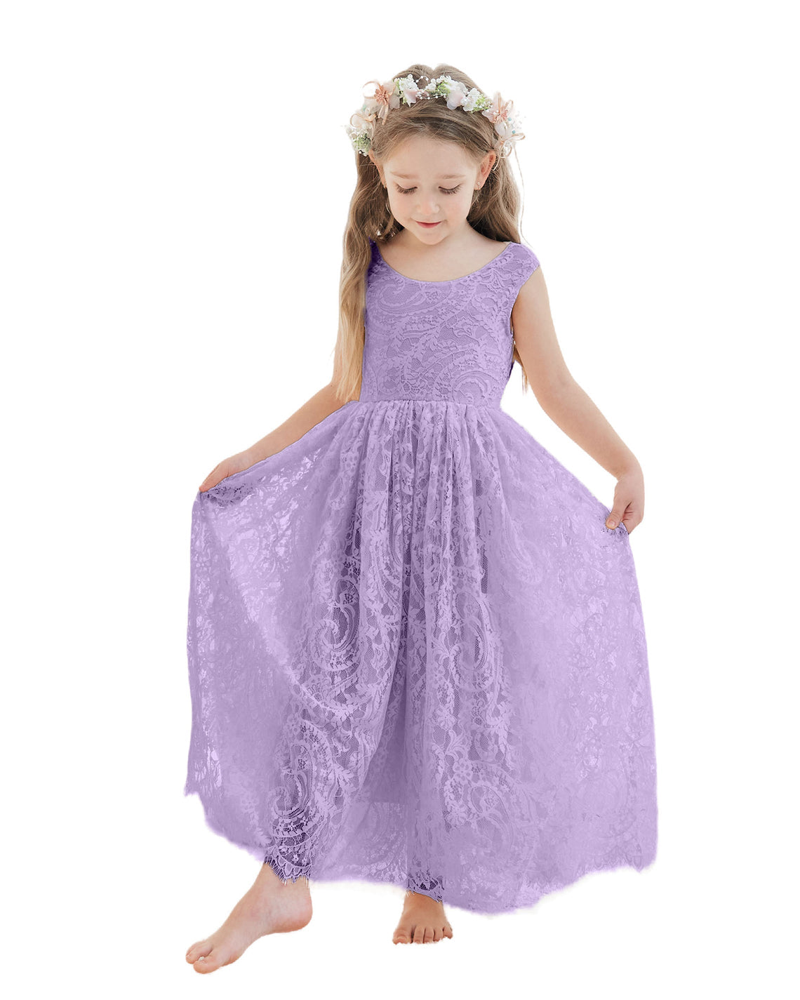 Vestido boho de niña de las flores color marfil, corte en A, de encaje y largo hasta el tobillo 