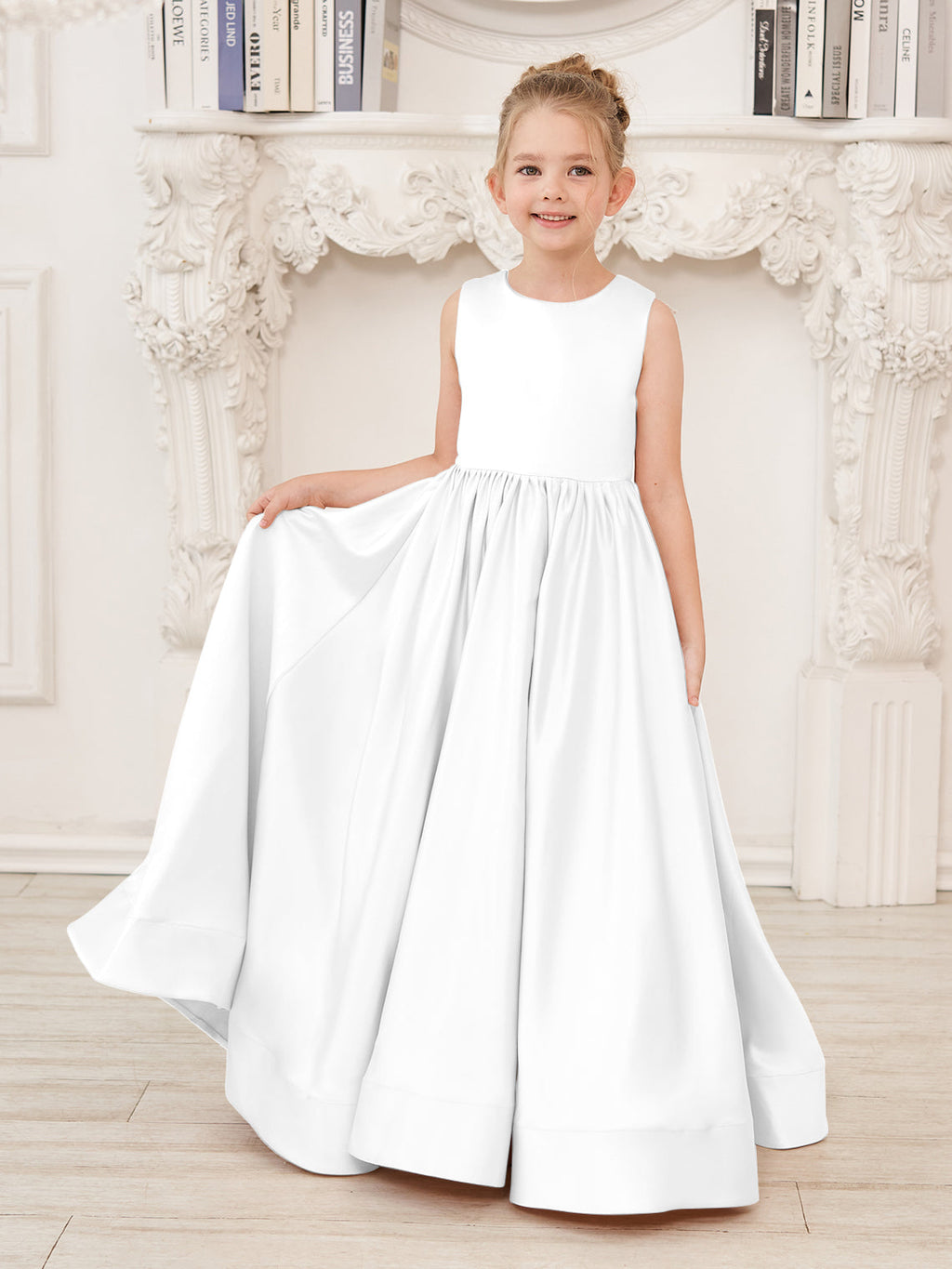 Vestido de niña de las flores de corte A, de satén y encaje, hasta el suelo 