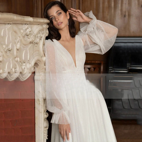 Elegant Glitter Tulle Deep V-Neck Wedding Dresses Princess Shiny Lantern Sleeves Backless A-Line Pleated Bridal Gowns