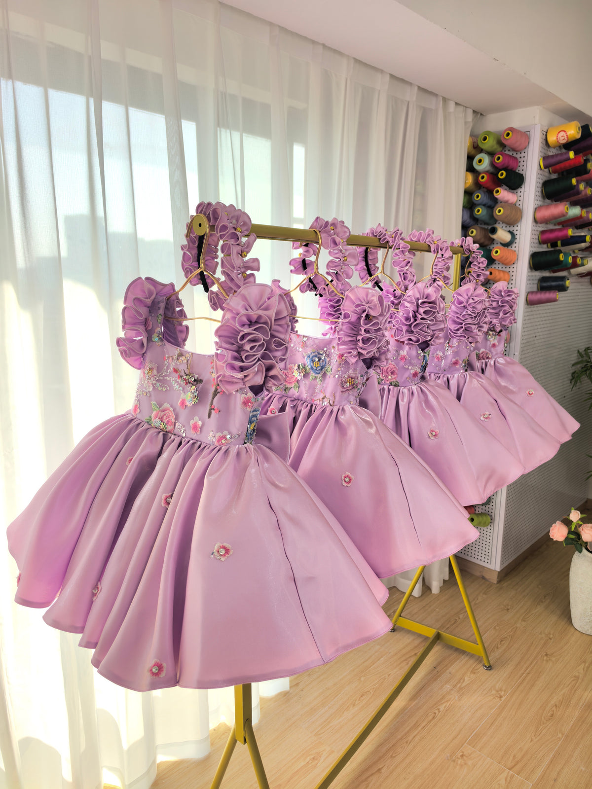 Floral Embroidery Sequins Tulle Knee-length Pink Baby Girl Dress