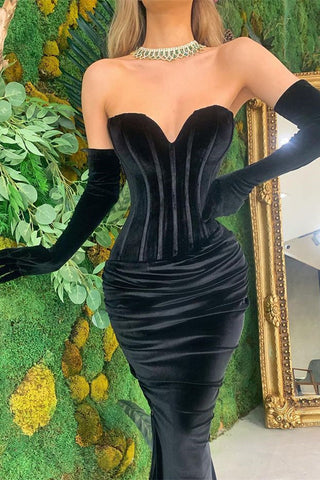 Robe de bal sirène noire à décolleté cœur, robe de soirée longue en velours