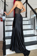 Stylish Mermaid Strapless Black Corset Prom Dress with Split Front