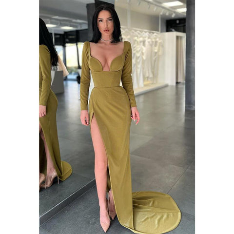 Robe de soirée sexy à col en V et manches longues fendues 