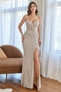 Robe de bal sirène champagne à sequins et fente