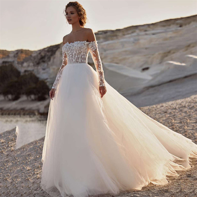 Vestido de novia elegante de corte A 2023 para mujer, de encaje, con espalda descubierta, sin tirantes, manga larga desmontable y cola de barrido. 