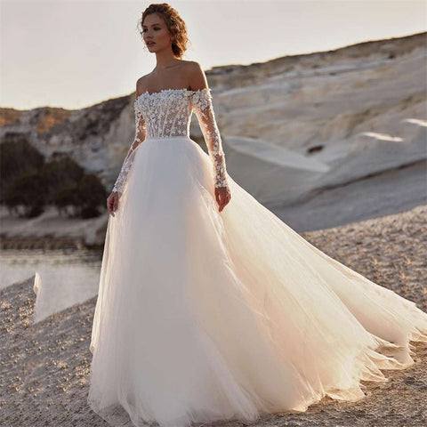 Elegant A-Line Wedding Dress 2023 Women Lace Open Back Strapless Long Detachable Sleeve Bridal Gown Sweep Train Vestido De Noiva