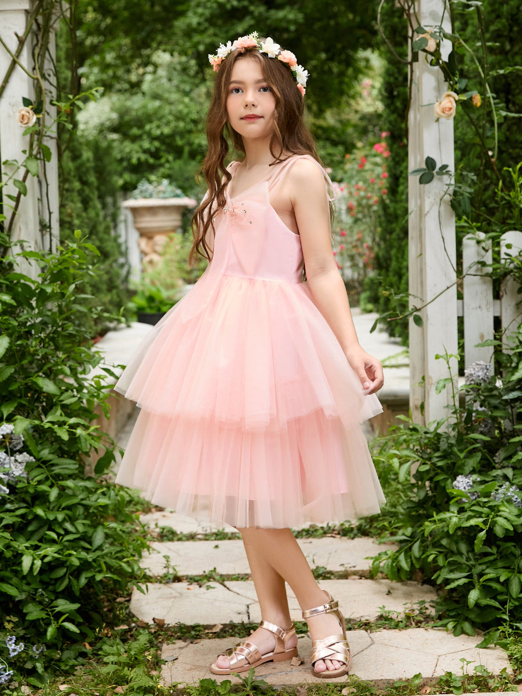 Vestido rosa perla de corte A y largo hasta la rodilla de tul (2003224887) 