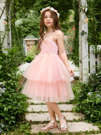 Vestido rosa perla de corte A y largo hasta la rodilla de tul (2003224887) 