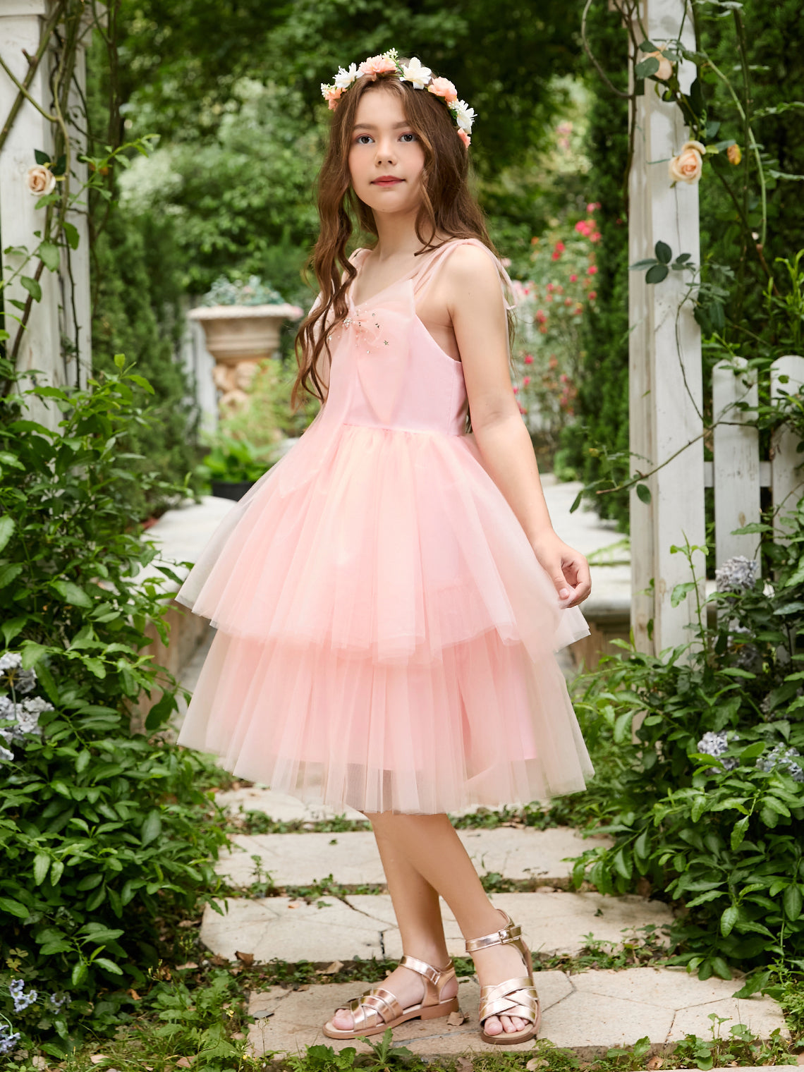 Vestido rosa perla de corte A y largo hasta la rodilla de tul (2003224887) 
